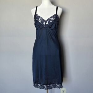Vintage 90s Y2K Lorraine Navy Lace Trim Slip Dress Size 34
